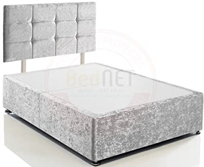 BEDNET Crushed Velvet Divan Bed Base Frame and Storage Drawers in Single Double King Size with Cube Headboards for Beds Bases (Silver Crushed, 5FT - King Size with 4 Drawers)