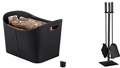 Relaxdays, schwarz Kaminholzkorb Kunstleder XL, oval, 80% Pappe & Kaminbesteck, 4-teilige Kamingarnitur mit Schaufel, Besen, Schürhaken & Halter, Ofenbesteck modern, schwarz, 61 x 15 x 15 cm