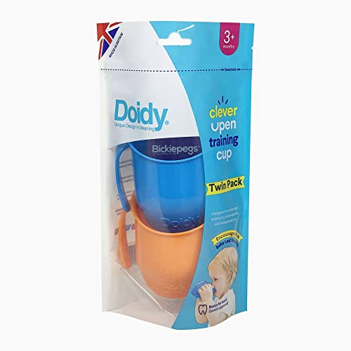Doidy Cup, Open Cup for Training Baby 6 Months-3 Years, 200ml, Slanted Weaning Cup with Handles for Learning to Drink, BPA Free, 2 Pack (Orange/Blue)
