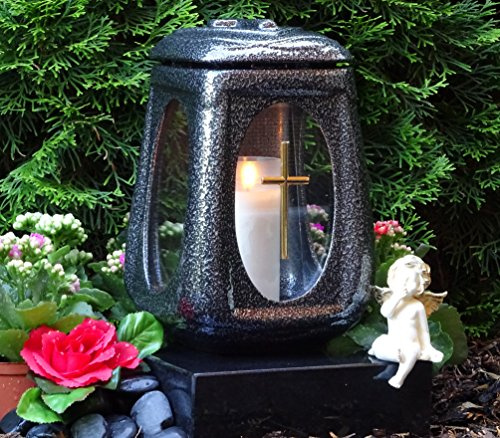 Grablampe Grablaterne Silber 26,0cm mit Kreuz Grabschmuck Kerze Grabkerze Grablicht Grableuchte Laterne Licht Grabdekoration Trauer Friedhof Grabpflege Grabgesteck Garten