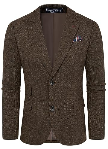 PJ PAUL JONES Herren Vintage Fischgrätenmuster Tweed Blazer Britische Wollmischung Sport Mantel Jacke, Braun Fischgrätmuster, L