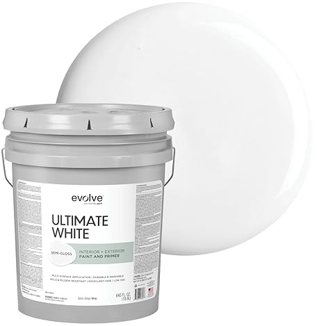 EVOLVE Ultimate White Paint & Primer in One, Semi-Gloss White, 5 Gallon – Interior & Exterior, One-Coat Coverage, Excellent Hide, Low Odor, Low VOC, Washable Paint for Walls, Ceilings & Trim