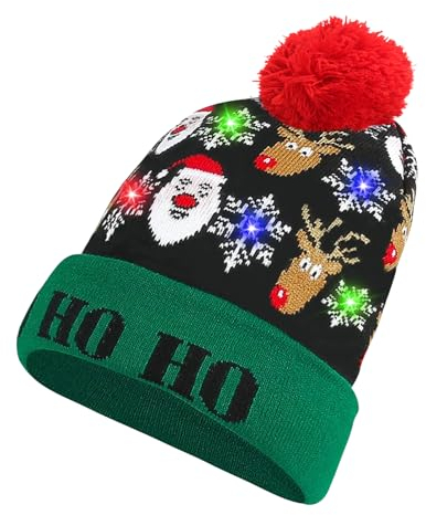 TaimeiMao Weihnachtsmützen Plüsch LED Leuchten Strickmütze Weihnachten Beanie Mütze mit LED Licht Warme Wintermütze für Jungen Mädchen Xmas Weihnachten Hut für Weihnachts Dekoration (Grün)