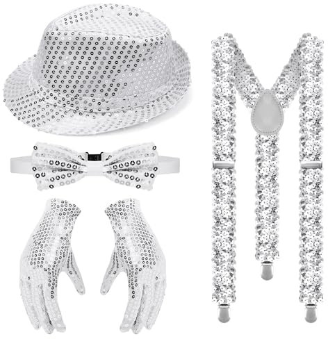 Jazz Dance Performance Hippie Accessories Pailletten Set, Glitzer Fliege und Hosenträger Herren Set mit Partyhüte Silber Handschuhe für Karneval Kostüm Zubehör