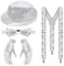 Jazz Dance Performance Hippie Accessories Pailletten Set, Glitzer Fliege und Hosenträger Herren Set mit Partyhüte Silber Handschuhe für Karneval Kostüm Zubehör
