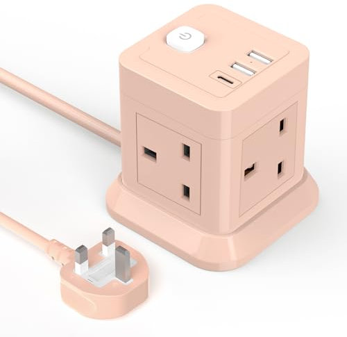 Cube Extension Lead with USB Slots, BEVA 4 Way Multi Plug Power Strip with 3 USB Ports (5V/2.4A), Desktop Power Extension Socket with 1.5M Extension Cords for Home Dorm Office Travel-PINK