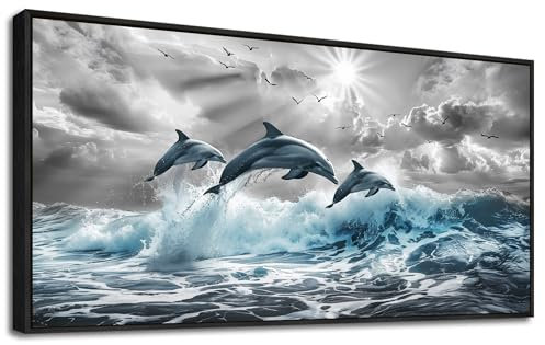 MHARTK66 Schwimmende Delfine Leinwand Bilder Mit Rahmen Schwarz, 50x100 cm Groß Wandbilder Wohnzimmer Tier Meer Bild Aesthetic, Modern Wanddeko Kunstdruck Schlafzimmer Badezimmer Büro Esszimmer Küche