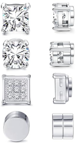 Magnetische Ohrstecker, 4 Paar Edelstahl Magnet Ohrringe Herren Non-Piercing, Rund Quadratisch CZ-Intarsien Nicht Durchbohrend CZ Klipp Ohrstecker, Hypoallergen Magnetische Ohrringe für Herren Frauen
