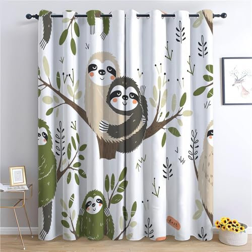 CozyRest Vorhang Blickdicht Thermovorhang Niedliche Faultiere Als Cartoon-Tiere Muster Gardinen Wohnzimmer Vorhänge Geräuschreduzierung Dekoration für Schlafzimmer Wohnzimmer Fenster 160 x 70 cm