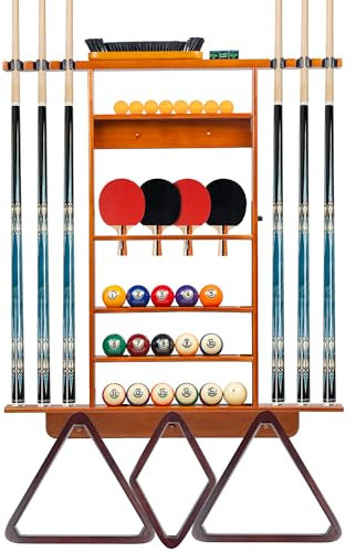 Billmart Wandhalterung Pool Stick Halter, 2 in 1 Pool Stick & Ping Pong Paddle Halter, Massivholz Queue-Rack mit Aufbewahrung für Billardtisch Zubehör, Bernstein