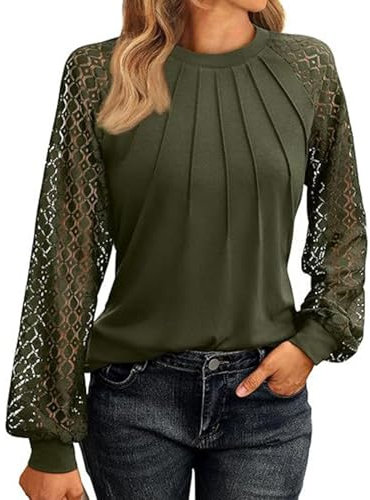 SYKT Damen T-Shirt Lässiges Langarm Oberteil Plissee vorne mit Rundhalsausschnitt Waffel Damen Tops