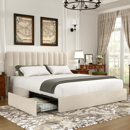 VECELO Double Size Bed Frame with 4 Storage Drawers, 4ft6 Upholstered Velvet Platform with Adjustable Headboard, Wood Slat Support, Mattress Foundation, No Box Spring Needed, Noise-free, Beige