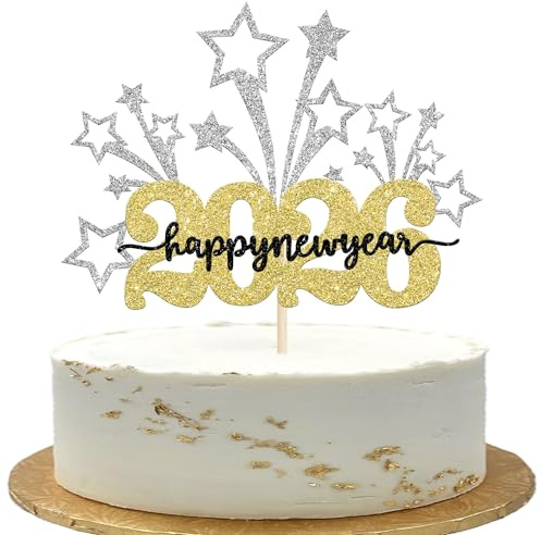 1 Stück 2026 Happy New Year Tortendeko Hello 2026 Cake Topper Glitzer Feuerwerk Gutes neues Jahr 2026 Kuchen Deko für Willkommen 2026 Frohes Neues Jahr Party Torten Dekoration Silber Gold