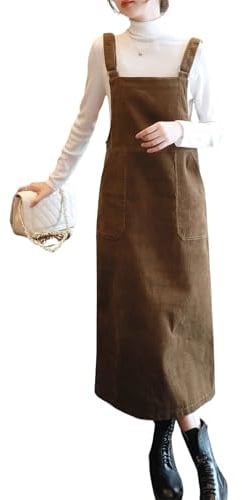 chouyatou Womens Cute Corduroy Adjustable Strap Overall Dress fringe Pinafore Baggy Maxi Long Tank Dress (Small,Brown)