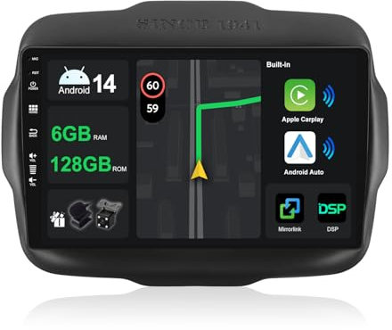 9 [6G+128G] Android 15 Autoradio per Jeep Renegade 2015-2018-[Integrato Wireless CarPlay&Android Auto | DSP | Mirror Link | GPS Sat Nav | BT 5.0 | WiFi | 360° Panoramica]+AHD Camera & MIC