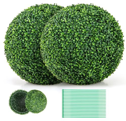COSTWAY 2 Boules de Buis Artificielles 50 cm Résistantes aux UV, Plantes en Boules de Faux Sphères Végétales, Décoratives pour Intérieur Extérieur de Porche Balcon Jardin Mariage, Vert Foncé