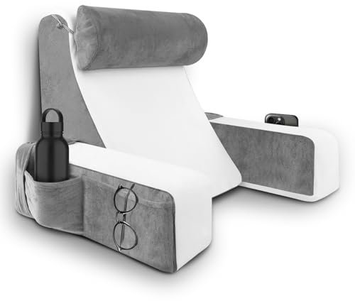 HOMCA Almohada Lectura Cama, Cojin Lectura con Cuello Desmontable y Brazos, Almohada en Forma de Cuña para Cama y Sofá, Almohada de Respaldo para Jugar, Relajarse, Leer