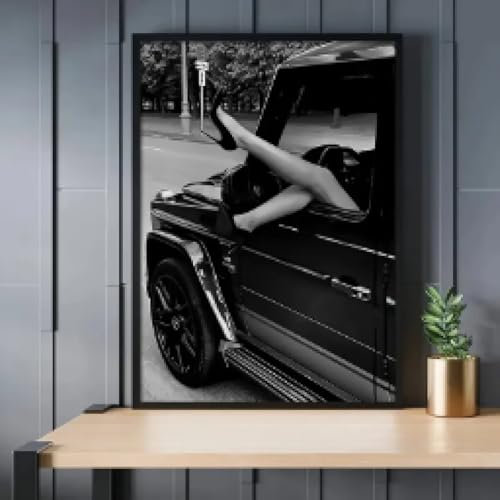 Klassische Poster, Auto-High-Heels, modernes Schwarz-Weiß-Kunst-Leinwandposter, Retro-Wandbilder, Bürodekor, 50 x 70 cm, rahmenlos
