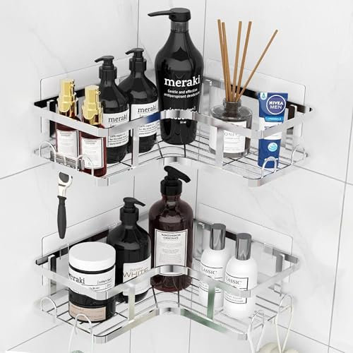 Viyohoh Corner Shower Caddy, 2 Pack Shower Organizer with Large Capacity, Drill-Free Adhesive Bathroom Shelves with 4 Movable Hooks(Silver)