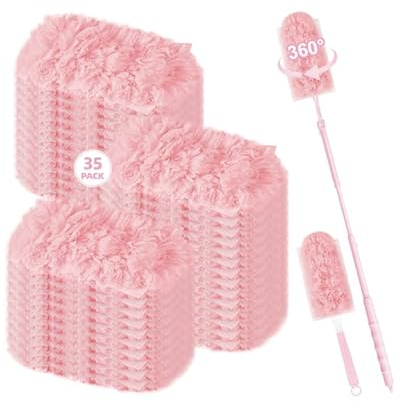 Nicemiya 37 Stück für Swiffer Staubmagnet Nachfüllpack Set, 360° Einweg Magnet Staubwedel für Swiffer Duster, zur Reinigen von Tierhaare Staub Schmutz mit Teleskopstange (35 Tücher + 2 Griffe, Rosa)