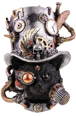 Kremers Schatzkiste Steampunk Katze mit Hut Handbemalte Dekofigur 21x 18x 18 cm Geschenk & Blickfang für Wohnzimmer, Büro & Sammler Katzenfigur