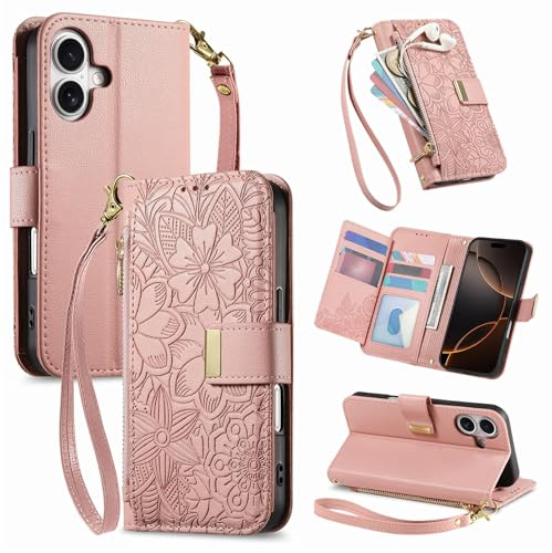 VEEMOS Phone Case for Apple iPhone 17 Case with Zip Wallet Purse Card Holder Slot Embossed Flower Design Folding Flip Cover Leather Stand Lanyard Wrist Strap Women - Pink