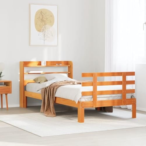 HaoChrymec Massivholzbett mit Kopfteil und Fußteil, Massives Kiefernholz, Stabil und Langlebig, Mit Regalböden, schlafsofa, einzelbett, Für Schlafzimmer, Wachsbraun, 100x200 cm