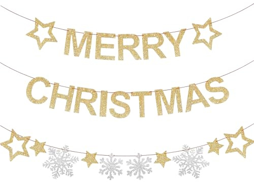 Merry Christmas Girlande Gold, Weihnachten Girlande Gold, Goldener Banner Partykette, Weihnachten Deko Stern Schneeflocken Banner für Weihnachtsfest Zimmer Garten Und Weihnachtsbaum Deko