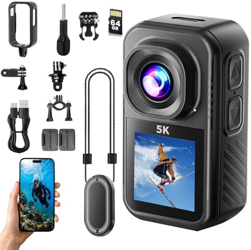 Action Cam 5K, Tragbare Action Kamera mit 64G Speicherkarte, 360° Helmkamera Motorrad Fahrrad Bodycam Körperkamera für Outdoor Abenteuer und Haustier, Unterwasserkamera mit 1.3 Zoll Display, Schwarz