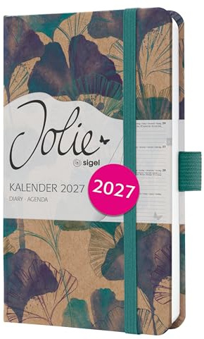 SIGEL Jolie Wochenkalender 2027 A6 blau türkis Hardcover aus Kraftpapier | 7J808, Gummiband, Stiftschlaufe, 174 Seiten, vegan, Buchkalender, Terminplaner Taschenkalender