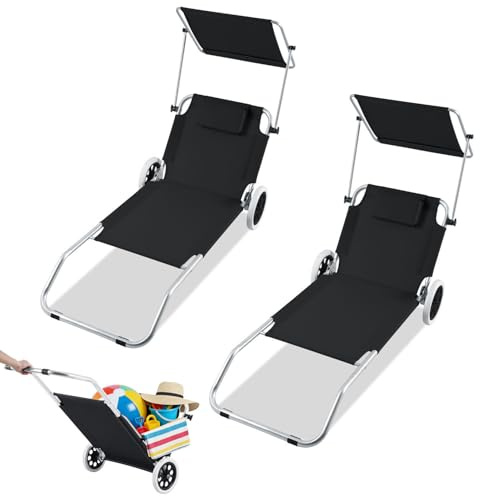 Ollewiellan 2X Strandliege mit Rädern Sonnendach, Aluminium Strandliege Klappbar Leicht bis 100kg, Rostfreie Rollliege verstellbar, Outdoor Liegestuhl Transporthilfe für Strand, Schwarz