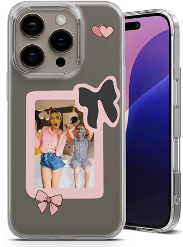 TULLUN Personalised Phone Case Pink Rose Frame Picture with Your Family and Friends - for iPhone 6,7,8,X,Xr,11,12,13,14,15,16,17, Air,e Series | Bow & Heart 1 Photo Design | Custom TPU Silicone Cover