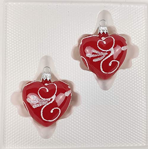 2 TLG. Glas-Herzen Set in Hochglanz Modern Rot Weisse Ornamente Neuheit - Christbaumkugeln - Weihnachtsschmuck-Christbaumschmuck