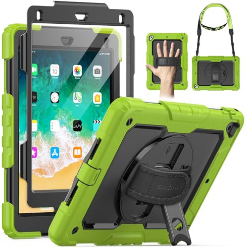 SEYMAC Schutzhülle für iPad 2018/2017 9,7 mit drehbarem Ständer und Handschlaufe, Schultergurt und Displayschutzfolie, Stifthalter für iPad 5./6. Gen/Pro 9.7/Air 2 Mehrfarbig grün/schwarz