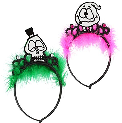 com-four® 2x Haarreif Halloween - Haarreif mit Totenkopf- und Geist-Motiv in grün und pink - Kostüm für Halloween und Fasching (02 Stück - Schädel/Geist)