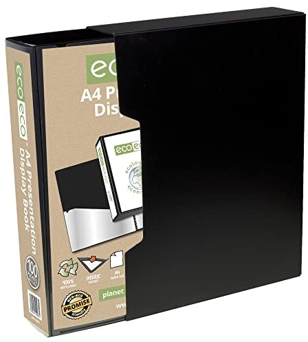 eco-eco A4 Size 50% Recycled 100 Pocket Black Presentation Display Book, Storage Case Portfolio Art Folder with Plastic Sleeves with Black Display Box