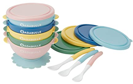 Badabulle Lot de 5 bols ventouse antidérapants 330ml et 3 cuillères 1er âge souples - avec Couvercles Hermétiques - Compatibles Micro-ondes & Congélateur