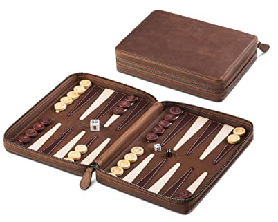 Melia Games B-Ware Backgammon Deluxe - Reise-Backgammon aus feinstem Vintage Echt-Leder mit handgefertigten Holzspielsteinen - OPTISCHE MÄNGEL
