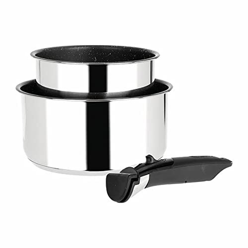 Sitram, lot de 2 casseroles en inox + manche amovible, batterie de cuisine 3 pièces, revêtement intérieur anti-adhésif, compatible tous feux dont induction, 16 et 20 cm de diamètre, 714267 Gris