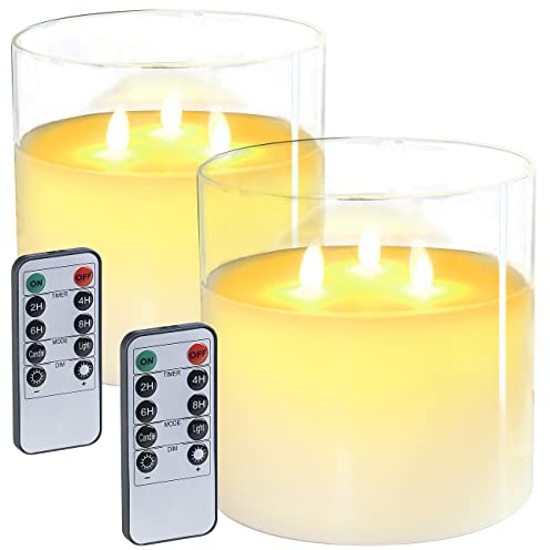 Lunartec Kerzen mit Timer: 2er-Set LED-Echtwachs-Kerzen im Windglas mit Fernbedienung (LED Timer Echtwachs, mit im Glas, Flammenlose)