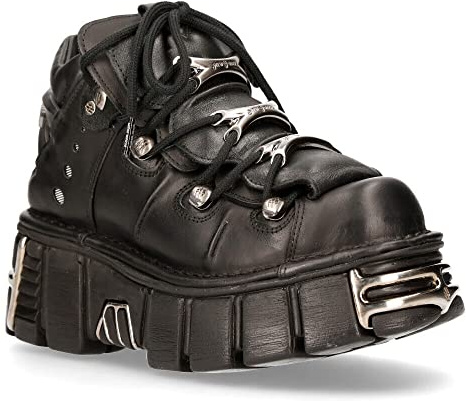 New Rock Stivaletti Unisex 106 S1 Neri Metallizzati con Plateau Stile Gotico Punk