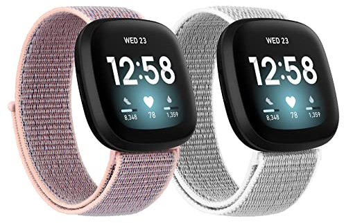 Tobfit 2Pack für Fitbit Versa 3 Armband Damen Herren, Nylon Weiches Atmungsaktives Armband für Fitbit Versa 3 / Fitbit Sense (Grau+Rosa)