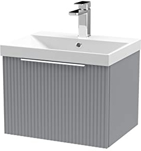 Hudson Reed DFF291D Fluted Modern Bathroom Wall Hung 1 Drawer Vanity Basin Unit with Thin-Edge Ceramic Basin, 500mm, Satin Grey