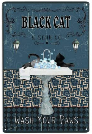 Black Cat Wash Your Paws Lustiges Metall-Blechschild für Badezimmer, Toilette, Wash Your Hands Blechschild, Vintage-Badezimmer-Dekoration, Poster-Gemälde, 20,3 x 30,5 cm