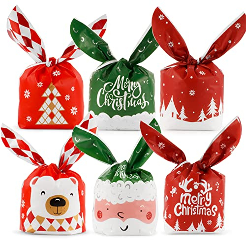 30 Stk Weihnachten Geschenkbeutel 3 Motive Geschenktüten Hasen Ohren Candy Tüten Süßigkeiten Partytüten Geschenkverpackung Weihnachtstüten Weihnachtsgeschenkbeutel Säckchen Plastik Süßigkeitentasche