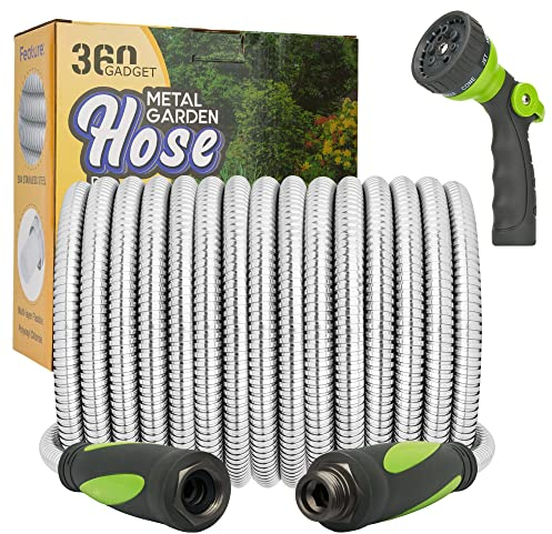 360 GADGET Manguera de jardín de 50 pies con mango giratorio y boquilla de 8 funciones, flexible, resistente, sin torceduras, manguera de metal ligera para exteriores, patio, acero inoxidable 304