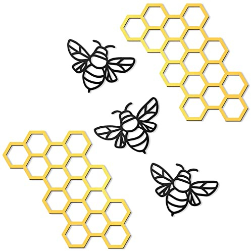 Peryiter 5 Stück Metallbiene Wandkunst Bauernhaus Honigbiene Honigkamm Dekor Draht Metall Bienen Wand Metall Dekor Biene Metall Wandbehang für Wohnzimmer Garten Schlafzimmer Büro Zuhause (schwarz,