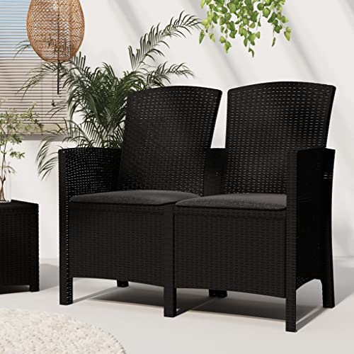 Garten Pflanzenständer Blumenständer Pflanzen Bank, 2-Sitzer Gartenbank mit Kissen PP Rattan Graphit Deko Blumenbank witterungsbeständig für Terrasse Balkon Schwarz