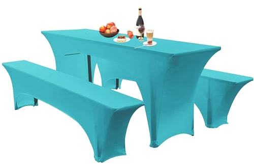 Elastische Hussen Für Bierzeltgarnitur Biertischhussen Bierbank-Auflage & Tischdecke 50 cm Oder 70 cm Tischbreite, 3 TLG Set Stretch Hussen Für Festzeltgarnituren Bierbank (50cm,Light Blue)