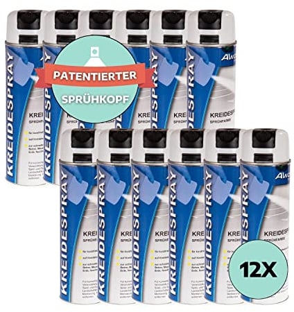 AWOTEX Kreidespray Weiß 500 ml I 12 Dosen Kreidefarbe Spray I Kreidefarbe weiß für kurzzeitige Markierungen I schnelltrocknend & FCKW-frei I Sprühfarbe weiß mit patentiertem Sprüh-Kopf